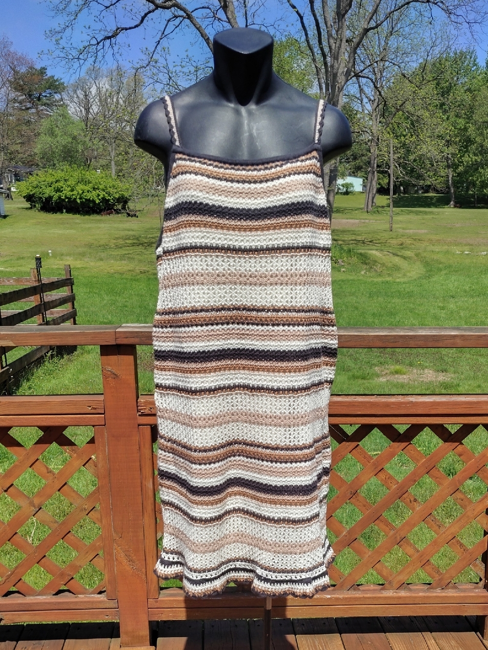 American Eagle White and Brown Striped Crocheted Knit Sundress Size Large New - Picture 1 of 12